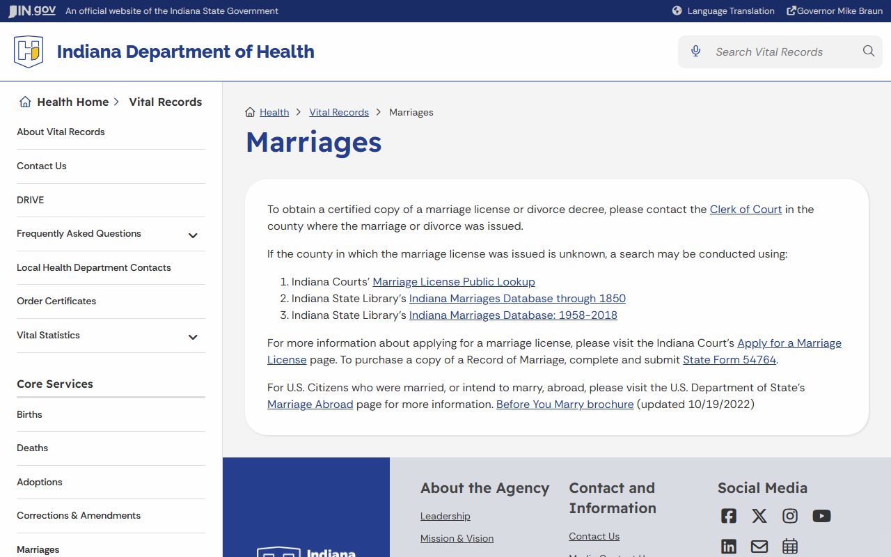 Tipton County marriage records Indiana health department guidance
